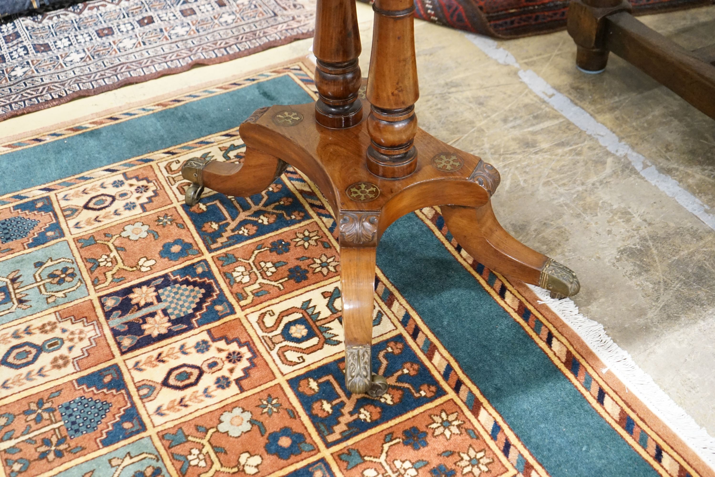 A Regency brass inlaid mahogany rectangular folding card table, width 86cm, depth 43cm, height 74cm